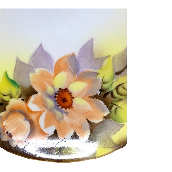 Noritake Hand Painted Plate Signed Morimura 2 Handled Yellow Pink Blossom VTG - Picture 2 of 11
